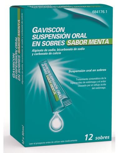 Gaviscon suspensión oral en sobres sabor menta  Alginato de sodio, hidrogenocarbonato (bicarbonato) de sodio